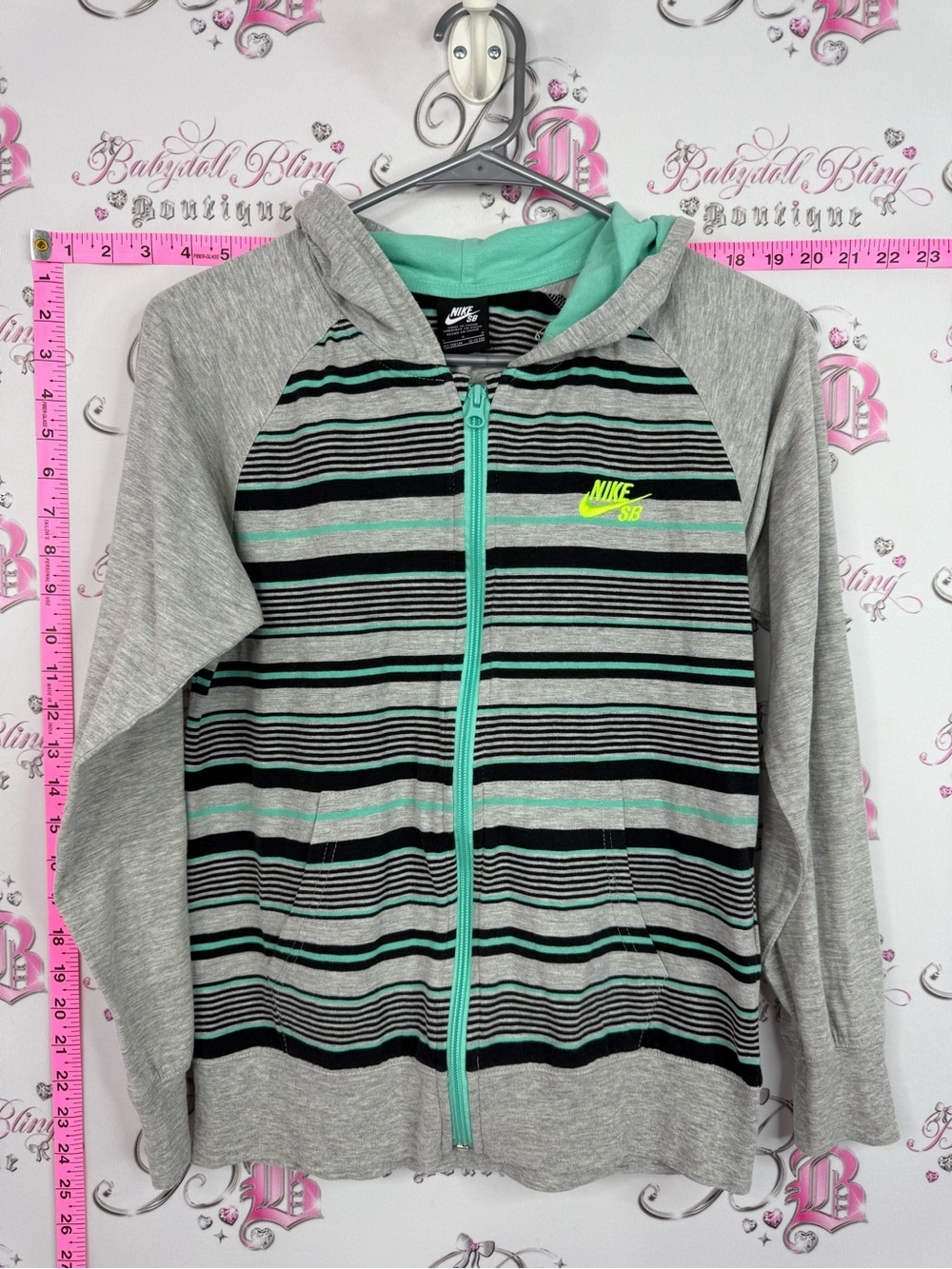 Nike sweater hoodie Grey, Black & Teal Striped Zip Hoodie with Neon Yellow Logo
